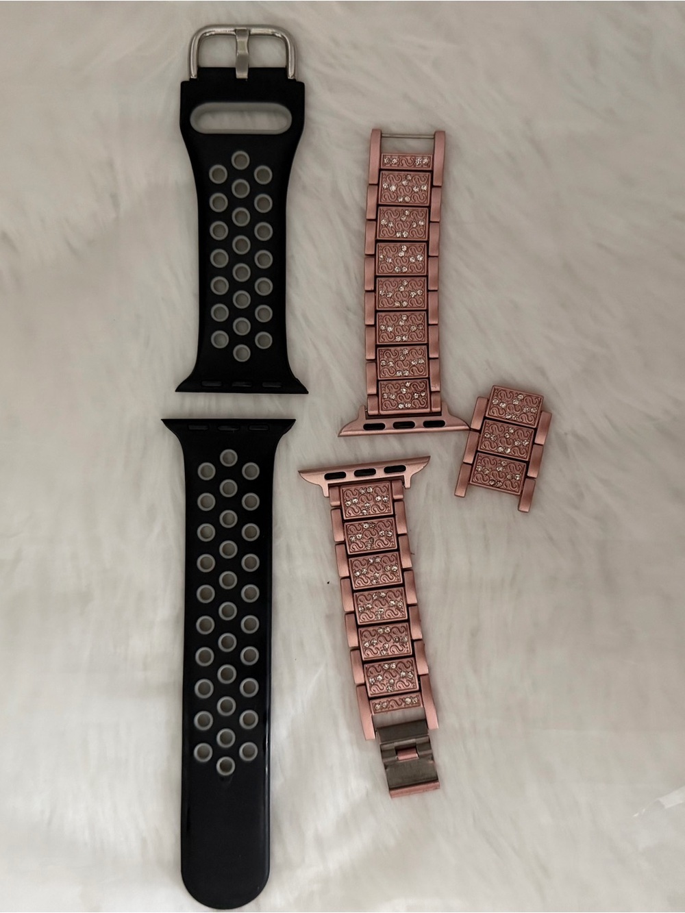 Black Silicone Sports Apple Watch Band + Rose Gold Metal Link Adapter Set 38mm